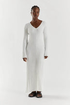 Sasha Timeless Knitted Midi Dress with V Neck and Sleeves Evening Wear Edit