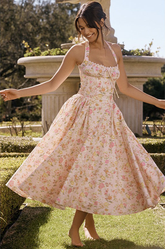 Floral Halter Neck Corset Sweetheart Lace Trim A-Line Midi Dress