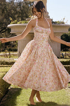Floral Halter Neck Corset Sweetheart Lace Trim A-Line Midi Dress