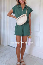 Buttery Touch Half-Zip Short Sleeve Sweatshirt and Elastic Waist Pocket Casual Shorts Set