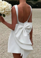 Boat Neck Pearl Trim Structured Pleated Bow Back Fit and Flare Mini Dress