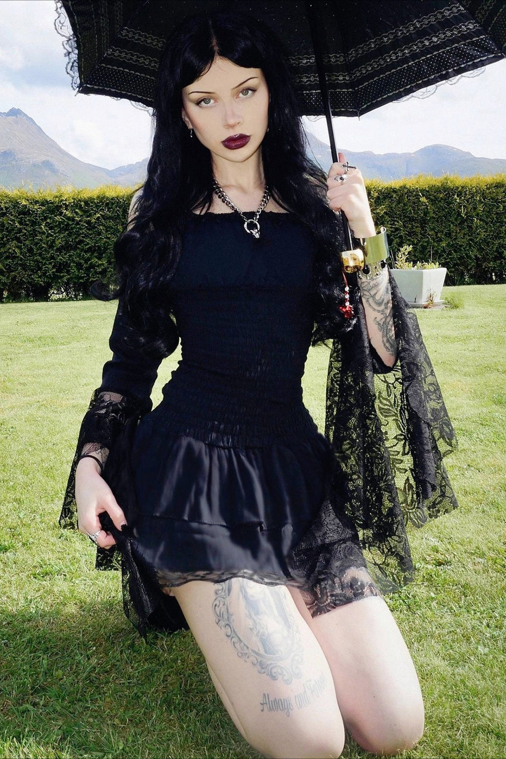 Smocked Off Shoulder Lace Bell Sleeve Tiered Ruffle Two Piece Set