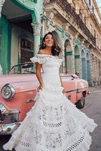 Lace Off Shoulder Ruffle Trim Eyelet Cut Out Tiered Maxi Dress