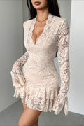 Lace Deep V-Neck Long Sleeve Bell Cuff Tiered Ruffle Hem Mini Dress