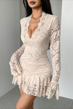 Lace Deep V-Neck Long Sleeve Bell Cuff Tiered Ruffle Hem Mini Dress