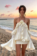 Halter Neck 3D Applique Ruffle Tier Bell Sleeve Smocked Mini Skirt Two Piece Set