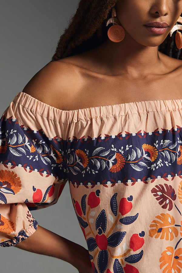 Off Shoulder Puff Sleeve Tiered Hem Tropical Print Pocket Maxi Dress