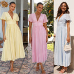 Puff Sleeve V-Neck Smocked Waist Button Front A-Line Maxi Dress