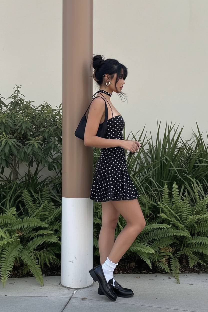 Polka Dot Spaghetti Strap Halter Neck Ruffle Hem Fit and Flare Mini Dress