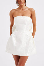 Strapless Jacquard Floral Bow Back Fit and Flare Mini Dress