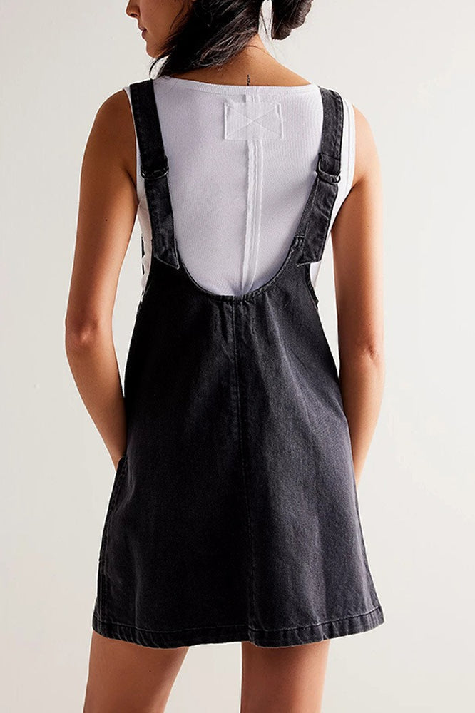 Denim Deep V-Neck Wide Strap Front Pocket Pinafore Mini Dress