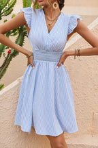 Striped V-Neck Ruffle Cap Sleeve Smocked Waist A-Line Mini Dress