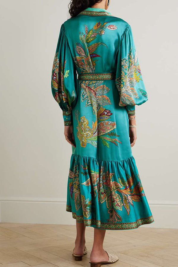 Paisley Print Lantern Sleeve Lace Up Belted Ruffle Hem Midi Shirt Dress