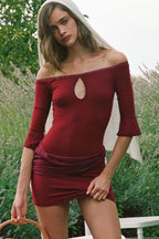 Off Shoulder Keyhole Bell Sleeve Draped Mini Skirt Set