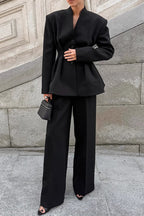 Ruched V Neck Waist Cinched Blazer Pants Two Piece Set