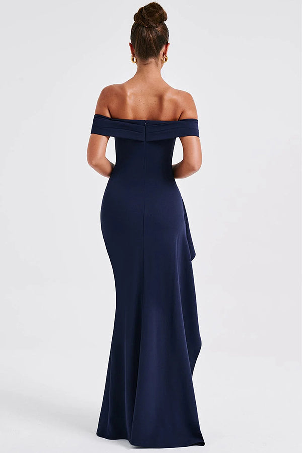 Off Shoulder Ruched Bodycon High Split Maxi Dress