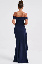 Off Shoulder Ruched Bodycon High Split Maxi Dress
