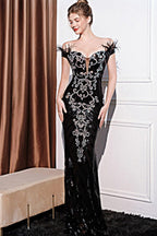 Sequin Embroidered Off Shoulder Feather Trim Mermaid Formal Gown
