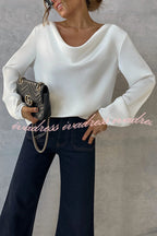Simple and Beautiful Satin Cowl Drape Neck Long Sleeved Shirt