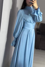 Mock Neck Bishop Sleeve Ruched Waist Satin Maxi Dress