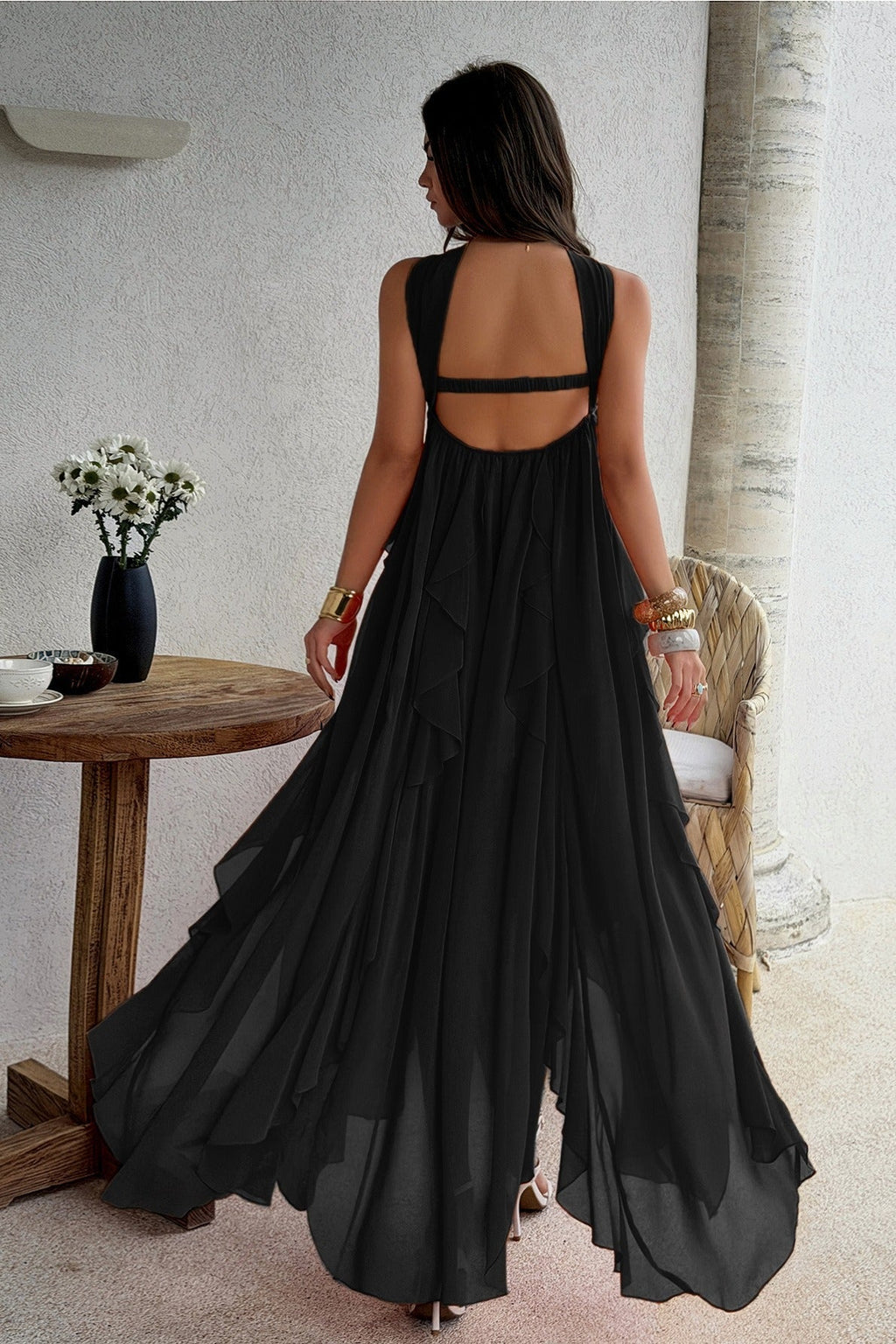 Strapless Starfish Detail Tiered Ruffle Chiffon Maxi Dress
