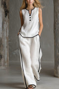 Stylish Color-blocked Sleeveless V-neck Top and Elastic Waist Pockets Casual Wide-leg Pants Set