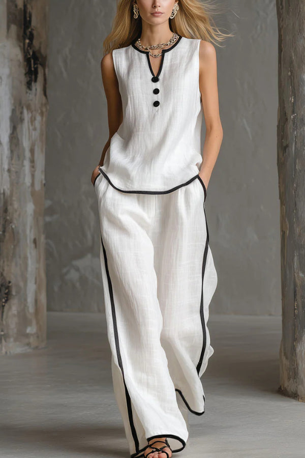 Stylish Color-blocked Sleeveless V-neck Top and Elastic Waist Pockets Casual Wide-leg Pants Set