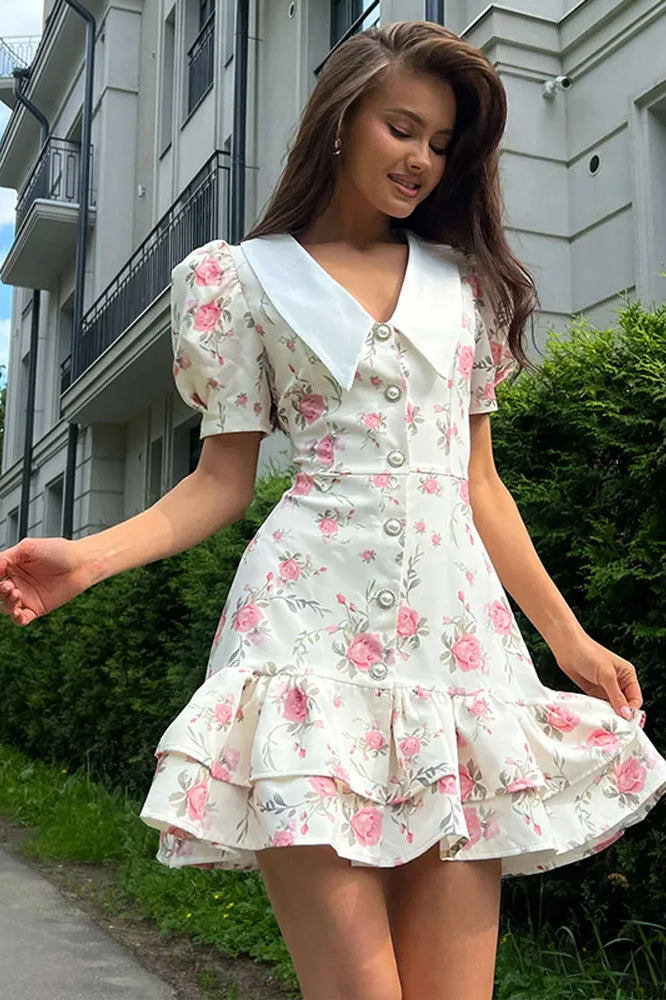 Floral Puff Sleeve Contrast Collar Button Front Ruffle Hem Mini Dress
