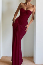 Ribbon Strapless Corset Maxi Evening Prom Dress