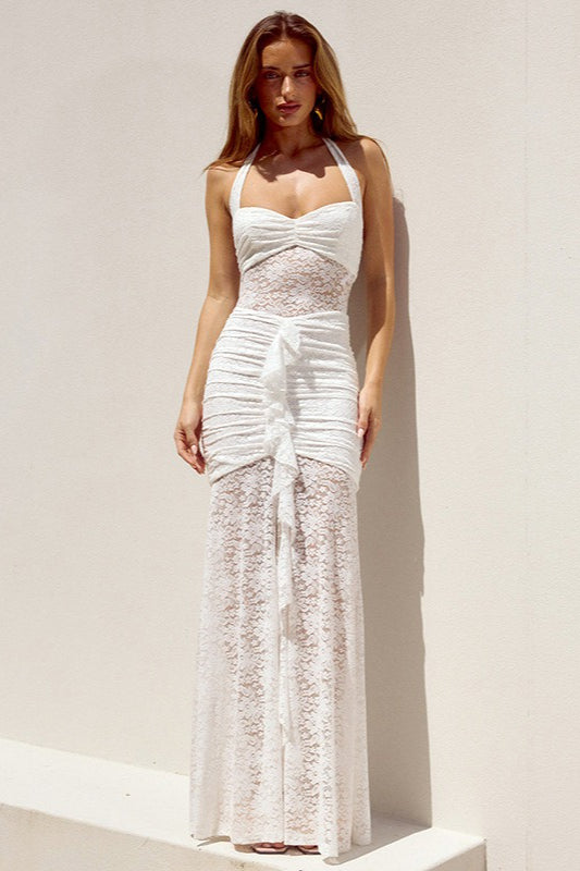 Halter Neck Ruched Lace Panel High Thigh Slit Maxi Dress