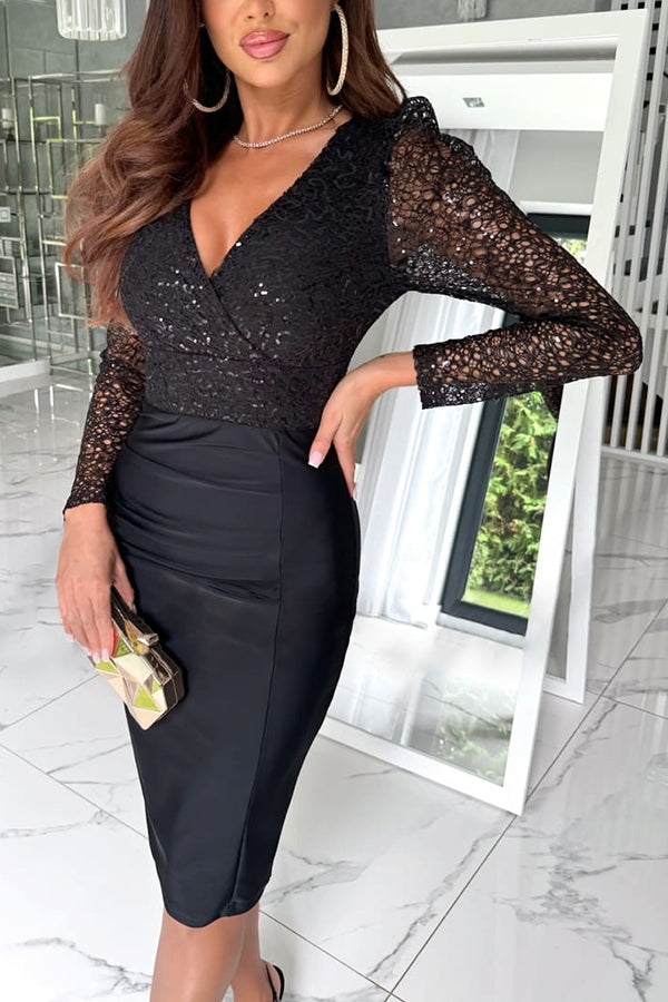 Sequin Lace Surplice V-Neck Long Sleeve Ruched Midi Dress