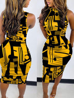 Baroque Chain Medallion Print Mock Neck Sleeveless Ruched Bodycon Midi Dress