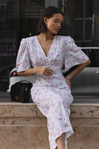 White Deep V Neck Puff Sleeve Empire Waist Button Detail Ditsy Floral Midi Dress