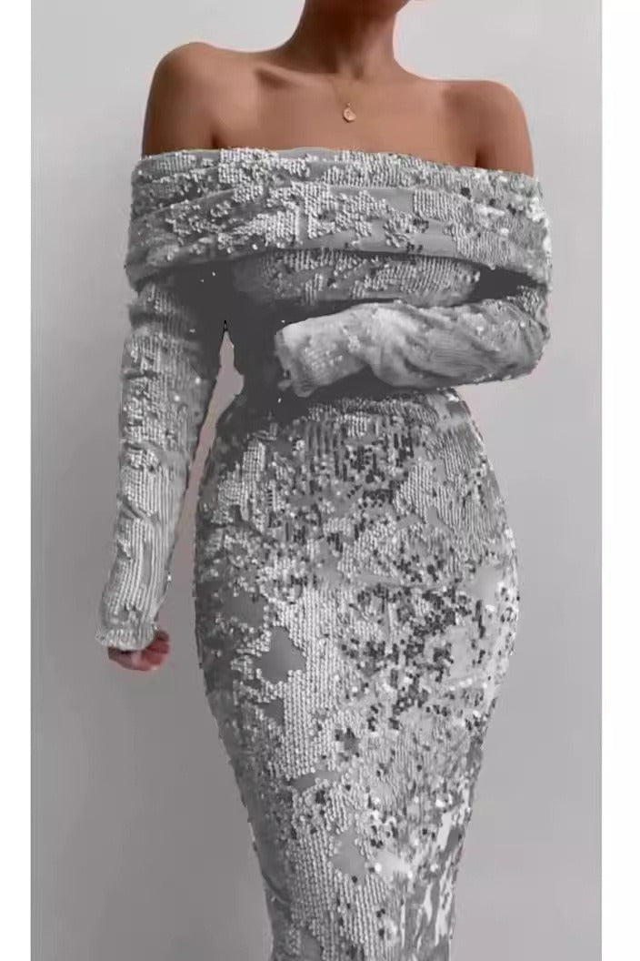 Sequin Off Shoulder Crop Top Bodycon Midi Skirt Two Piece Set