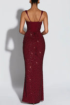Calanthe Sequin Embellished Chiffon Ruched Square Neck Back Lace-up Maxi Dress