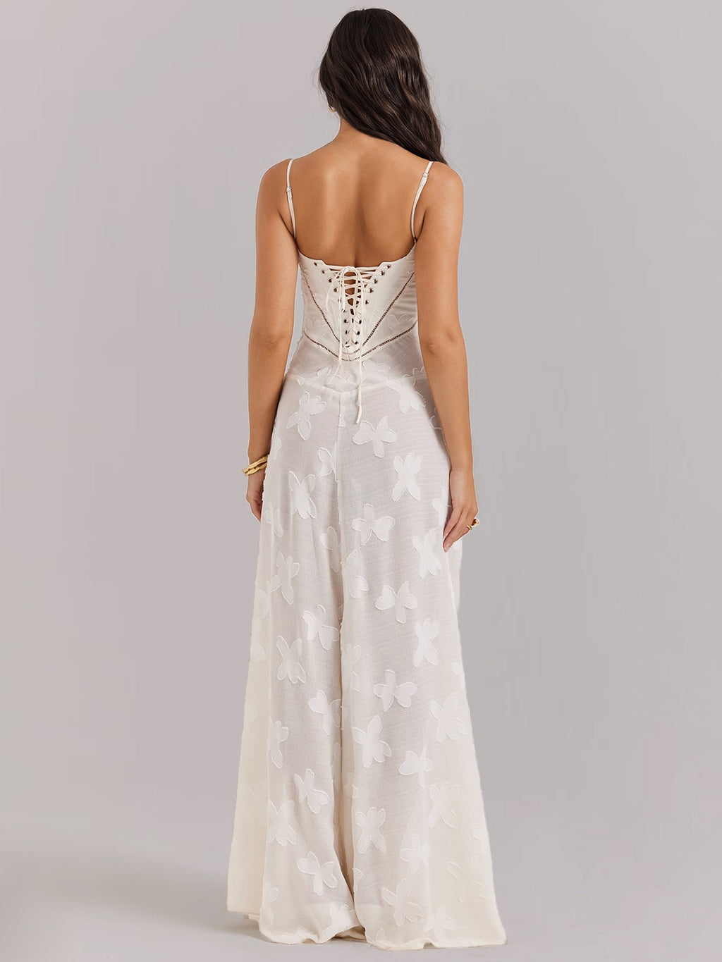 Boho Jacquard Sheer Maxi Dress for Women - Cream White Lace-up Back Slim Fit A-Line Flowy Cami Gown - Summer Beach Party 2026