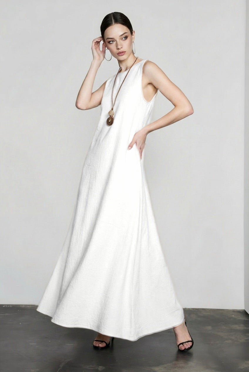 Linen Look Sleeveless Round Neck A-Line Tank Maxi Dress