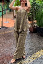 Striped Printed Halter Neck Sleeveless Asymmetrical Top and Elastic Waist Pocket Casual Wide-leg Pants Set