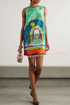 Natural Beauty Satin Unique Print Sleeveless H-line Mini Dress