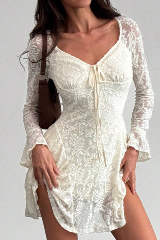 Sweetheart Neck Tie Front Floral Lace Long Bell Sleeve Side Slit Mini Dress