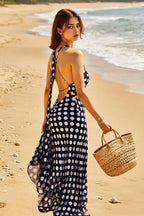 Polka Dot One Shoulder Halter Backless Bodycon Maxi Dress
