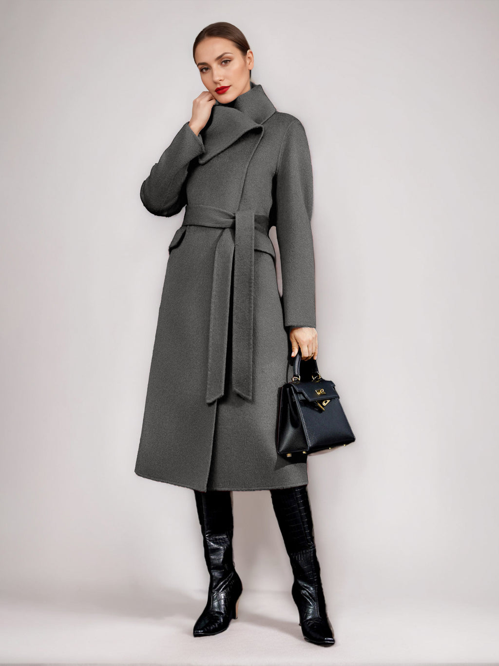 Wool Cashmere Blend Coat For Woman Winter Red Belted Double-Faced Wrap Outerwear 2026