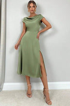 Satin Cowl Neck Cap Sleeve Waist Seam Midi Dress