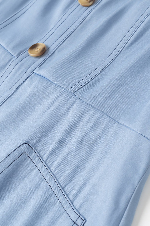 Denim Square Neck Button Front Patch Pocket A-Line Maxi Dress