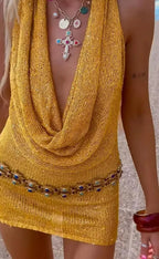 Sequin Halter Deep Cowl Neck Bodycon Mini Dress