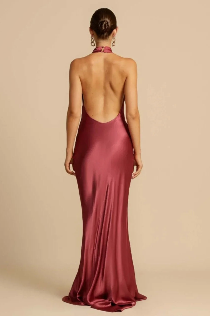 Satin Halter Neck Cowl Draped Bias Cut Trumpet Maxi Gown