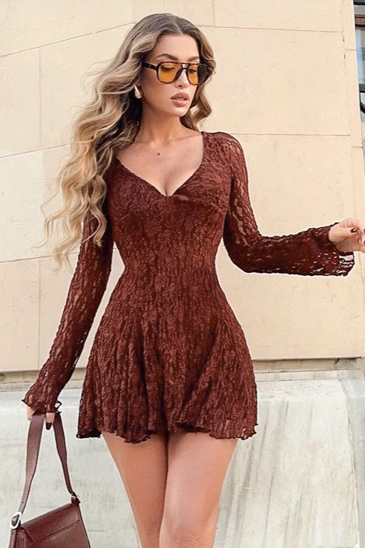 Lace Deep V-Neck Long Sleeve Fit and Flare Mini Dress