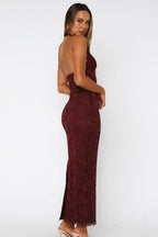Floral Lace Halter Deep V Scalloped Trim Mermaid Maxi Dress