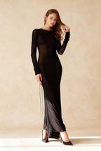Long Sleeve Lace Up Open Back Sheer Mesh Maxi Dress