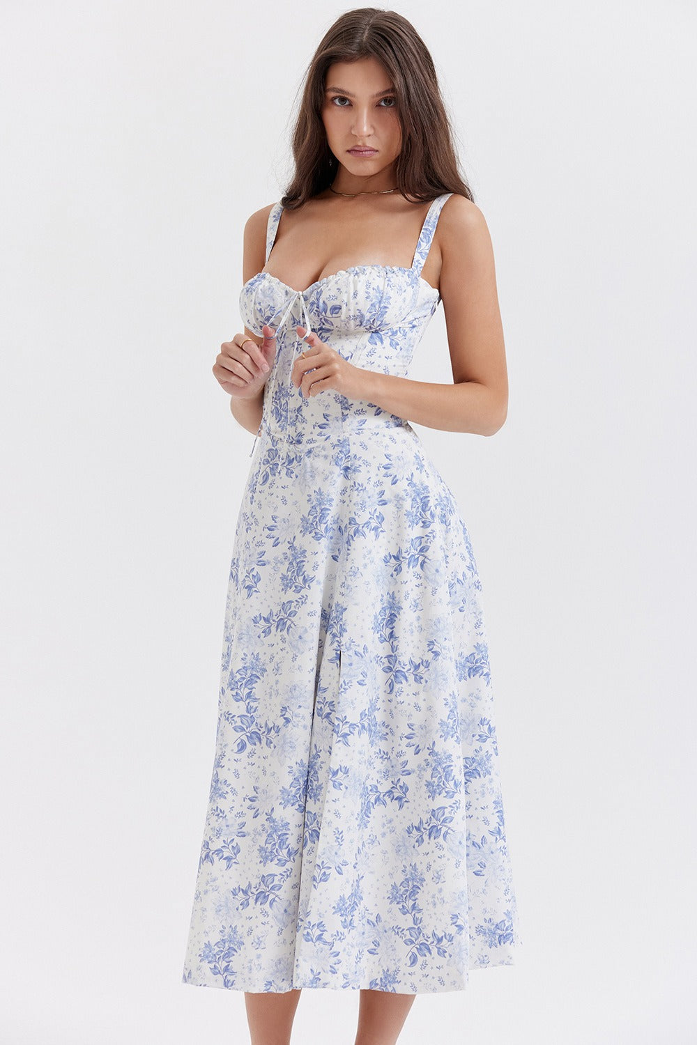 Wide Strap Sweetheart Ruched Bust Toile Floral Print A-Line Midi Dress